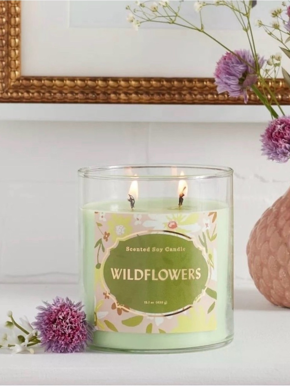 NWT Opalhouse Wildflowers 15.1oz Gold Lid Glass Jar 2-Wick Candle Mint Green